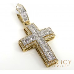 14k Two Tone Gold Baguette Diamond Medium Double Layered Cross 0.86ct