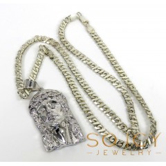  925 Sterling Silver Medium Classic Jesus Pendant w/ 22' Anchor 5mm Link chain set