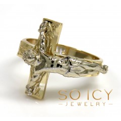 14k Two Tone Gold Hanging Jesus Cross Ring 