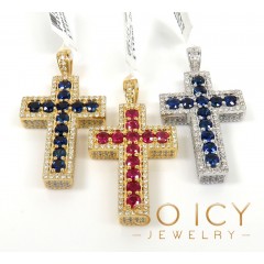 14k Gold Round Diamond & Sapphire Small Cross 2.05ct