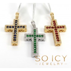 14k Gold Round Diamond & Sapphire Small Cross 1.05ct