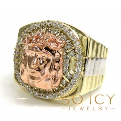 10k Tri Color Cz Presidential Jesus Face Ring 1.00ct 