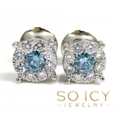 14k Gold Blue Diamond Prong 8mm Frame Cluster Earrings 1.25ct