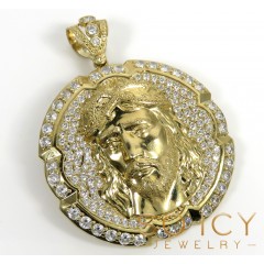 10k Yellow Gold Cz Xl Jesus Face Pendant 6.00ct
