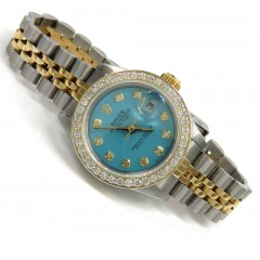 Ladies Rolex Datejust Diamond Bezel Watch 26mm Turquoise Dial 1.10ct Ref. 69173