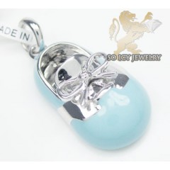 14k White Gold Baby Blue Enamel Diamond Baby Shoe Pendant 0.01ct