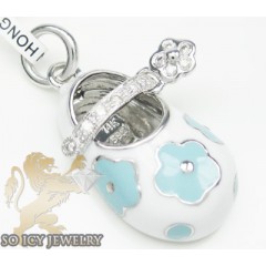 14k White & Blue Flower Enamel Diamond Baby Shoe Pendant 0.09ct