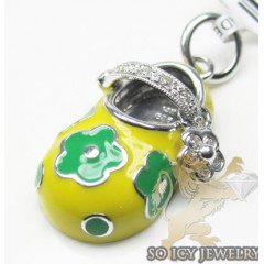 Diamond Baby Shoe Pendant 14k White Gold Yellow & Green Flower Enamel 0.09ct