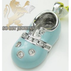 Diamond Baby Shoe Pendant 14k White Gold Baby Blue Enamel 0.10ct