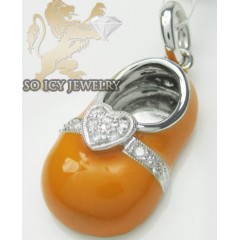 Diamond Heart Baby Shoe Pendant 14k White Gold Orange  Enamel 0.07ct