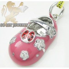 Diamond Baby Shoe Pendant 14k White Gold Pink Ladybug & Flower Enamel 0.03ct