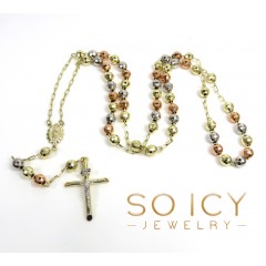 Rosary Necklace 14k Tri Color Gold Diamond Cut Beads 30 Inches 5mm