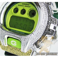 Mens silver g-shock diamond neon green watch 4.00ct