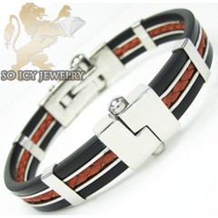 White Stainless Steel Red & Black Rubber Bracelet