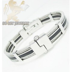 White stainless steel black rubber link bracelet