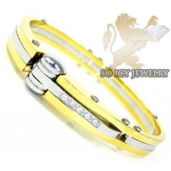 Two Tone Stainless Steel Cz Handcuff Bracelet