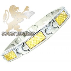 Two tone stainless steel yellow pattern checkered link bracelet