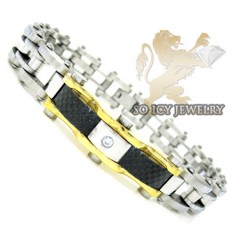 Two Tone Cz Stainless Steel Carbon Fiber Bicycle Bracelet