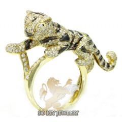 Ladies 14k yellow gold diamond black rhodium tiger ring 2.00ct