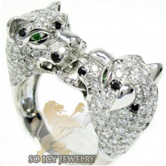 Ladies 14k White Gold Black Diamond Double Headed Panther Ring 3.60ct