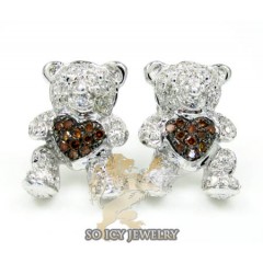 Ladies 10k White Gold Diamond Heart Teddy Bear Earrings 0.35ct