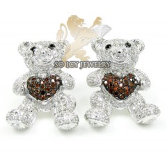 Ladies 10k White Gold Diamond Heart Teddy Bear Earrings 0.80ct
