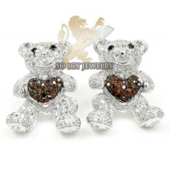 Ladies 10k white gold diamond heart teddy bear earrings 0.80ct