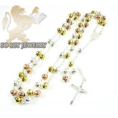 Tri Color Sterling Silver Rosary Chain Necklace 26 Inches 5.8mm
