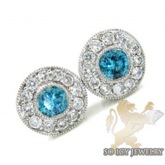 14k Solid White Gold Blue Diamond Cluster Earrings 1.25ct