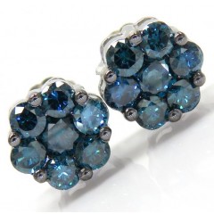 14k Solid Gold Blue Diamond 7mm Cluster Earrings 1.00ct