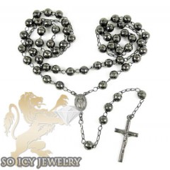 Black Sterling Silver Diamond Cut Rosary Chain Necklace 32 Inches 8mm