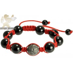 Black Sterling Silver Black Cz Macramé Bead Red Rope Bracelet 1.50ct