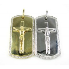 Mens 10k Gold Diamond Jesus Cross Dog Tag Pendant 0.55ct