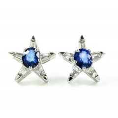 Ladies 18k white gold blue sapphire diamond star earrings 1.07ct