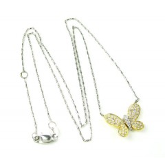 Ladies 18k Solid Yellow & White Gold Diamond Butterfly Pendant With Chain 0.55ct