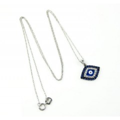 Ladies 14k Solid White Gold Blue & White Diamond Evil Eye Pendant With Chain 0.30ct
