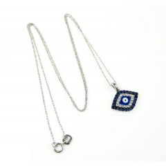 Ladies 14k Solid White Gold Blue & White Diamond Evil Eye Pendant With Chain 0.30ct