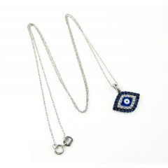 Ladies 14k solid white gold blue & white diamond evil eye pendant with chain 0.30ct