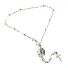 10k White Gold Diamond Cut Rosary Bead Bracelet With Cross 8 Inch 2.75mm 