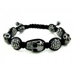 Black Smoke Mirrored Rhinestone Copper MacramÃ© Skull Bead Rope Bracelet 15.00ct