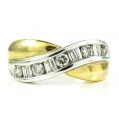 Ladies 14k Two Tone Gold Round & Baguette Diamond Swirl Ring 0.60ct