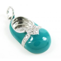 14k White Gold Turquoise Blue Enamel Diamond Heart Baby Shoe Pendant 0.08ct