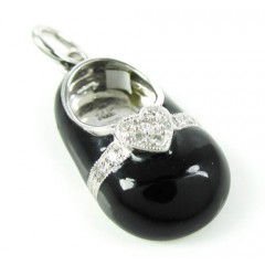 14k white gold black enamel diamond heart baby shoe pendant 0.08ct