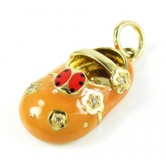 18k Yellow Gold Orange Enamel Diamond Flower Lady Bug Baby Shoe Pendant 0.03ct