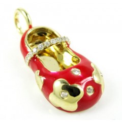 14k yellow gold red enamel diamond flower baby shoe pendant 0.10ct