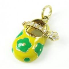 14k Yellow Gold Yellow Enamel Diamond Flower Baby Shoe Pendant 0.09ct
