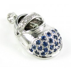 14k White Gold Diamond & Blue Sapphire Baby Shoe Pendant 0.51ct