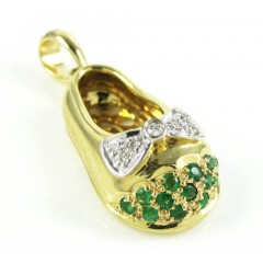 14k Yellow Gold Diamond & Green Emerald Baby Shoe Pendant 0.17ct