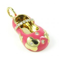 14k yellow gold pink enamel diamond flower baby shoe pendant 0.10ct