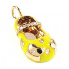 14k Rose Gold Yellow Enamel Diamond Flower Baby Shoe Pendant 0.10ct